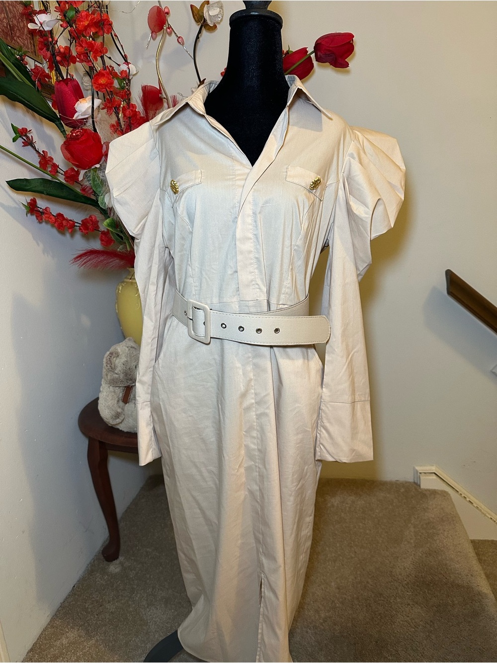 Cream Long Sleeve Belted Trench Dress